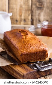 Homemade Pound Cake On Baking Paper Served With Fruit Jam Ready To Eat On Rustic Wooden Table, Delicious Brunch Or Tea Time