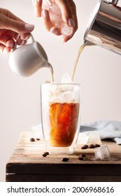 Homemade Preparing Of Iced Cofee With Milk