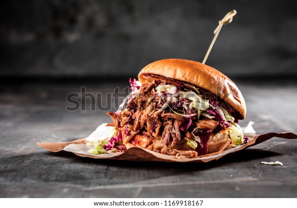 homemade pulled pork\
burger with bbq sauce