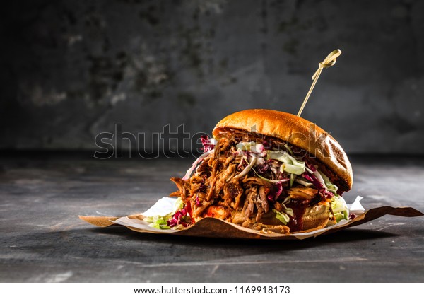 homemade pulled pork\
burger with bbq sauce
