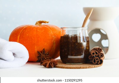 Homemade Pumpkin Spice Facial Mask/scrub Made With Ripe Pumpkin Puree, Sugar And Honey, Cinnamon Powder And Ground Coffee. DIY Cosmetics. Copy Space.