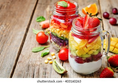 Homemade Rainbow Salads With Vegetables, Quinoa, Greek Yogurt And Fruit. Toning. Selective Focus