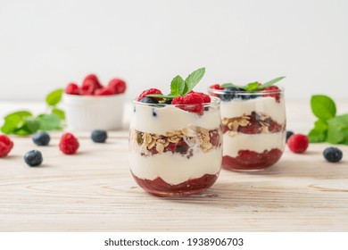 Homemade Raspberry And Blueberry With Yogurt And Granola - Healthy Food Style