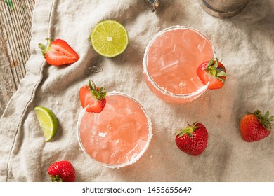 Homemade Red Strawberry Margarita With Ice And Salt