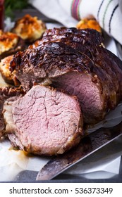 Homemade Rib-eye Boneless Roast Beef With Stuffed Mushrooms On Baking Sheet  