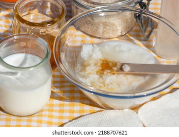 Homemade Rice Face mask Recipe. Fermented Rice Broth, Rice Water, Honey, Milk Mixed In The Bowl. Close Up.