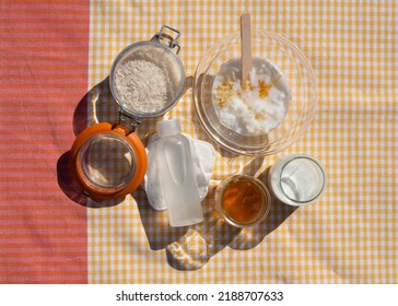 Homemade Rice Face mask Recipe. Fermented Rice Broth, Rice Water, Honey, Milk Mixed In The Bowl. DIY Organic Skin Care Cosmetic. Top View.