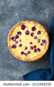 Homemade Ricotta Cheese Pie With Cherries On A Gray Background. Top View. Hearty Baking.