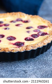 Homemade Ricotta Cheese Pie With Cherries On A Gray Background. Close Up. Hearty Baking.