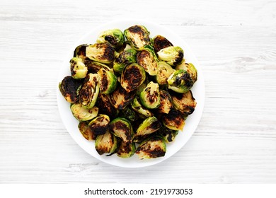 Homemade Roasted Brussel Sprouts On A Plate, Top View. Flat Lay, Overhead, From Above. 