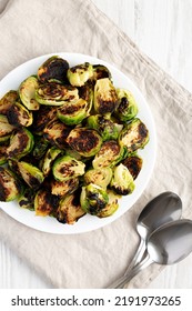 Homemade Roasted Brussel Sprouts On A Plate, Top View. Flat Lay, Overhead, From Above.