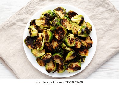 Homemade Roasted Brussel Sprouts On A Plate, Top View. Flat Lay, Overhead, From Above.