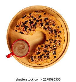 Homemade Round Cake On A Round Wooden Tray On A Decoupage Floor With Coffee In A Red Glass. Top View