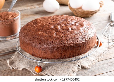 Homemade round chocolate sponge cake or chiffon cake so soft and delicious with ingredients: eggs, flour, cocoa, milk on wood table. Homemade bakery concept for background and wallpaper