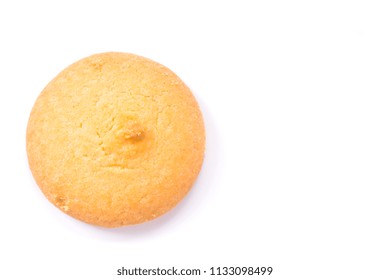 Homemade Round Ginger Biscuit With Jam, Peanuts And Raisins. Delicious Honey Sweetmeal Digestive Cookie Isolated On A White Background With Light Shadow. Cooking Concept. Detailed Closeup Studio Shot