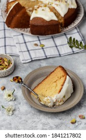 Homemade Round Sponge Hot Milk Cake With Buttercream And Pistachios