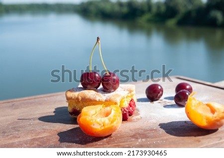 Homemade rustic cherrypie pie slice on wooden board over river Tisa.