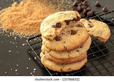 Homemade Salted Caramel Chocolate Chips Cookies. Dark Background.