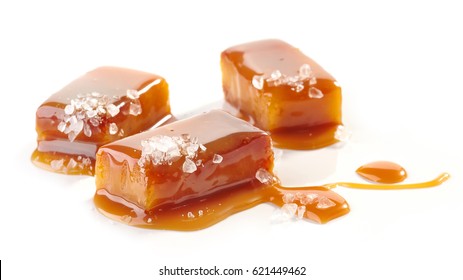 Homemade Salted Caramel Pieces Isolated On White Background