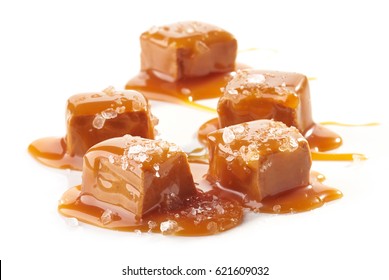 Homemade Salted Caramel Pieces Isolated On White Background