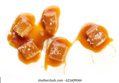 Homemade Salted Caramel Pieces Isolated On White Background, Top View