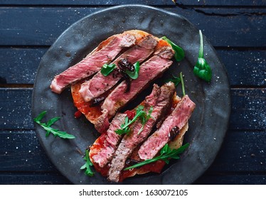 Homemade Sandwich With Spicy Tomato Sauce Ribeye Steak And Arugula