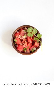 Homemade Sauce Pico De Gallo, Salsa On A White Background, Top View