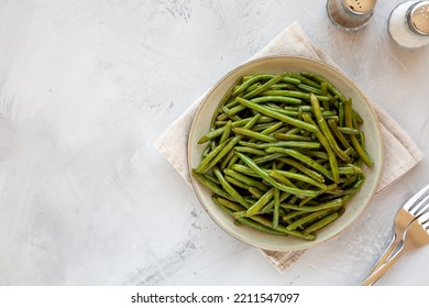 Homemade Sauteed Green Beans On A Plate, Top View. Flat Lay, Overhead, From Above. Copy Space.