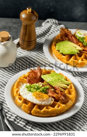 Homemade Savory Waffles with Bacon Egg and Avocados