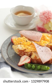 Homemade Scambled Eggs And Ham On Open Sandwich