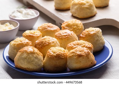 Homemade Scone With Cheese On Blue Plate