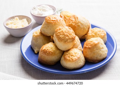 Homemade Scone With Cheese On Blue Plate