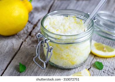 Homemade Scrub Made Of Sea Salt, Lemon Peel And Lemon Juice