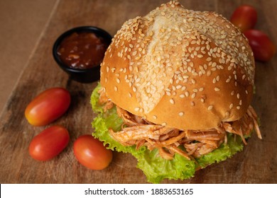 Homemade Shredded Chicken Sandwich And Cherry Tomatoes