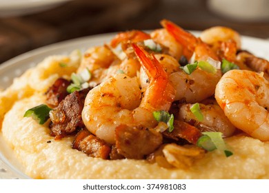 Homemade Shrimp and Grits with Pork and Cheddar - Shutterstock ID 374981083
