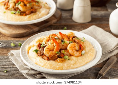 Homemade Shrimp and Grits with Pork and Cheddar - Shutterstock ID 374981134