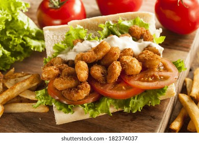 Homemade Shrimp Po Boy Sandwich with French Fries