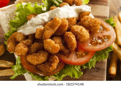 Homemade Shrimp Po Boy Sandwich with French Fries