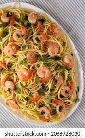 Homemade Shrimp Scampi With Pasta, Overhead View. Flat Lay, Top View, From Above.