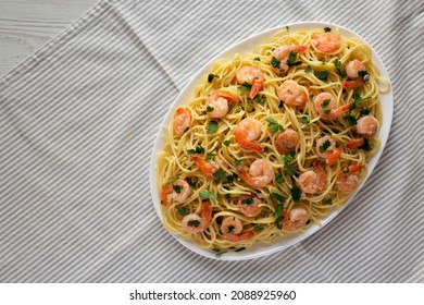 Homemade Shrimp Scampi With Pasta, Top View. Flat Lay, Overhead, From Above. 