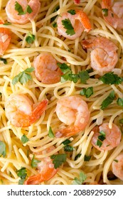 Homemade Shrimp Scampi With Pasta, Top View. Flat Lay, Overhead, From Above. Close-up.