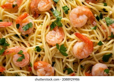 Homemade Shrimp Scampi With Pasta, Top View. Flat Lay, Overhead, From Above. Close-up.