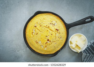 Homemade Skillet Corn Bread Overhead View