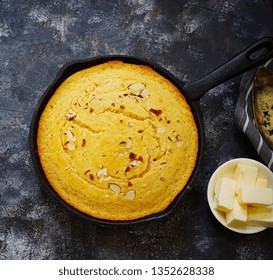 Homemade Skillet Corn Bread Overhead View