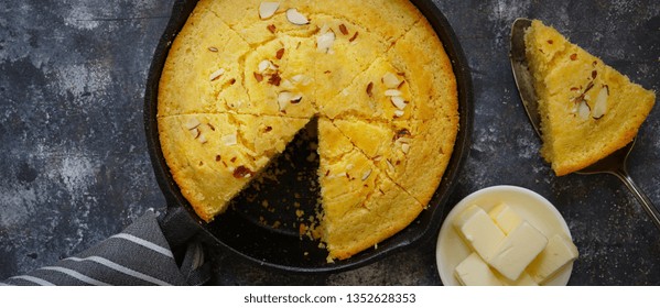 Homemade Skillet Corn Bread Overhead View