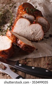 Homemade Sliced Roasted Turkey Fillet Close Up On Paper. Vertical
