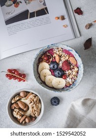 Homemade Smoothie Bowl With Fruits And Berries, Flat Lay Top-down Photo