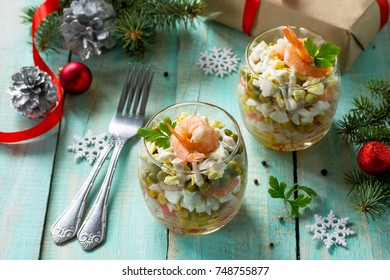 Homemade Snacks On A Festive Christmas Table. Salad With Shrimps, Crab Sticks, Egg And Corn.