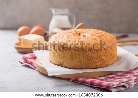 Homemade  Soft and lite delicious sponge cake with ingredients: eggs flour milk on stone concrete table. Bakery background concept.