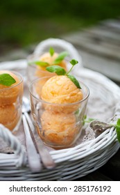 Homemade Sorbet With Tropical Fruits And Mint